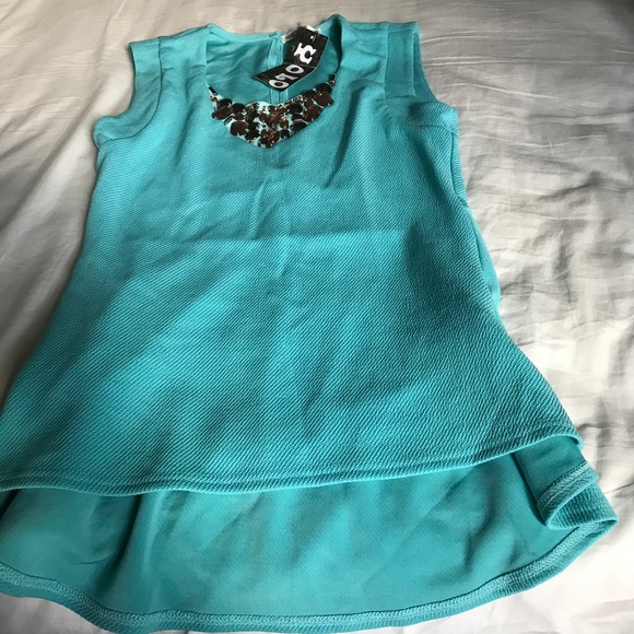 Tops - Jewelry Detail Near Neck Blue Blouse